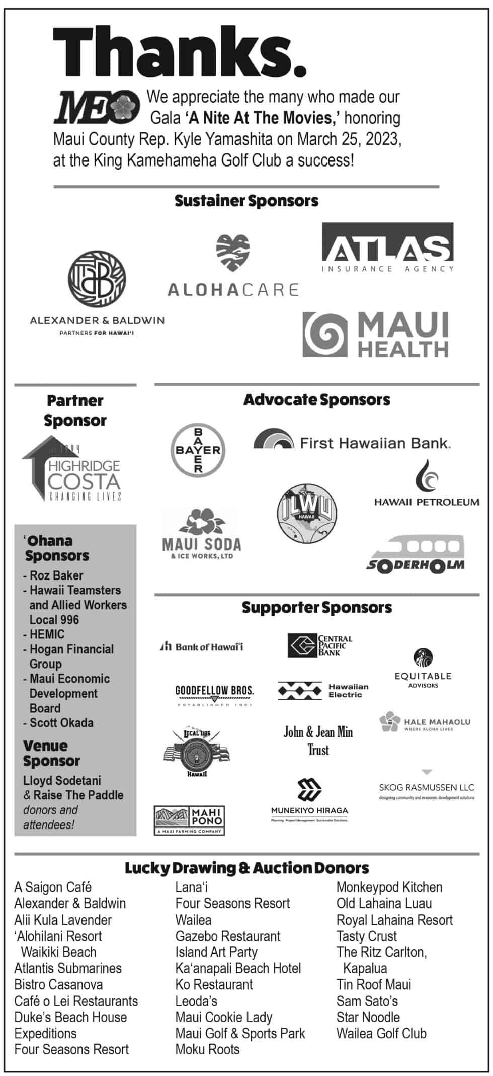 A thank you ad for donors and supporters of the MEO Gala - Maui ...